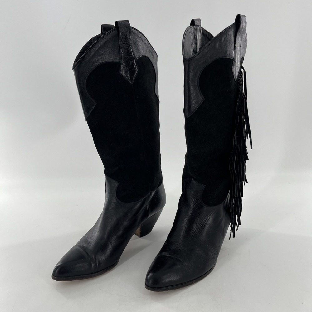 Rare Vintage Lenni Italian Leather Suede Calf Boots Fringe Heel‎ 7.5 Cowgirl - Picture 6 of 16